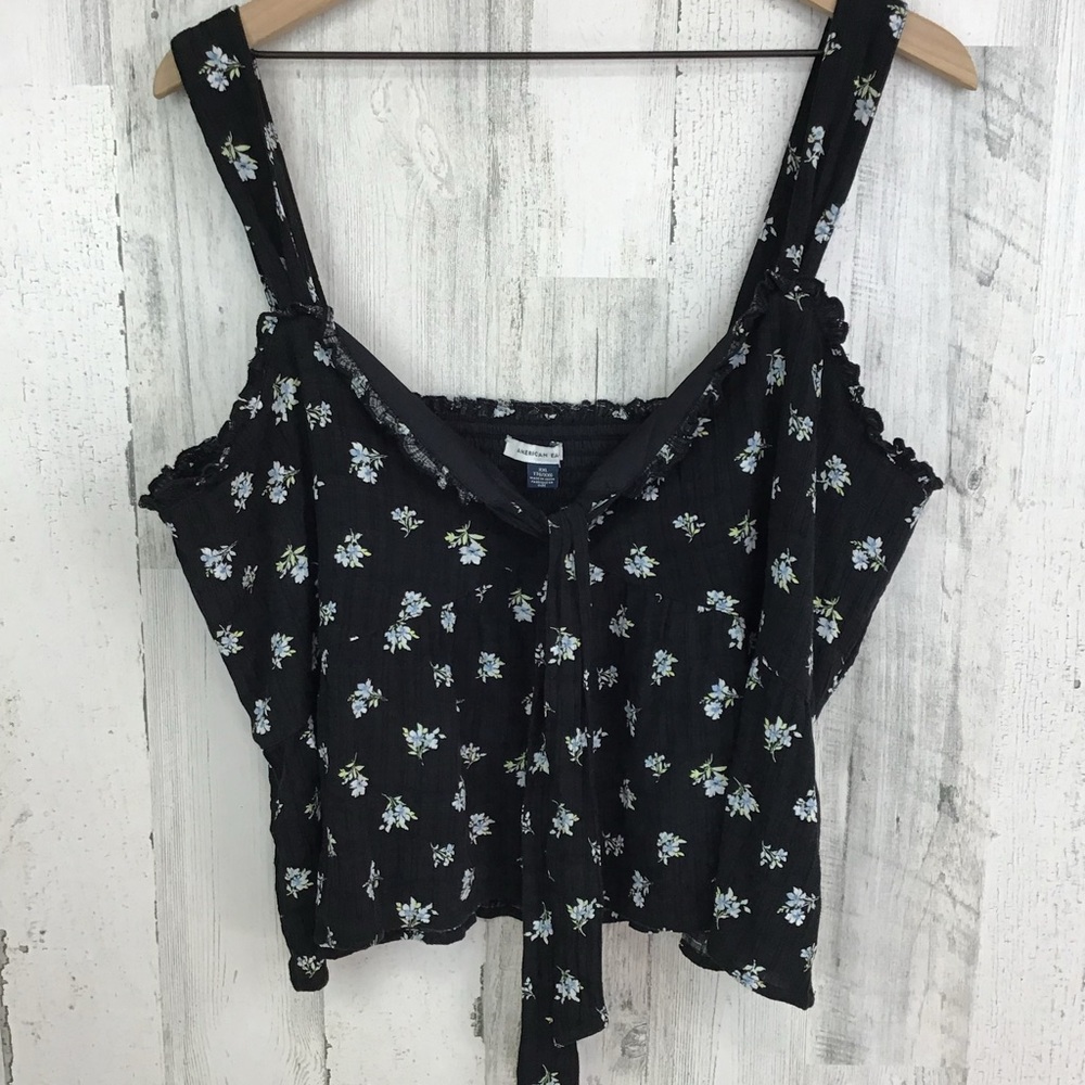 American Eagle Outfitters Tank XXL Black Floral Print Smocked Crop Y2K Babydoll
